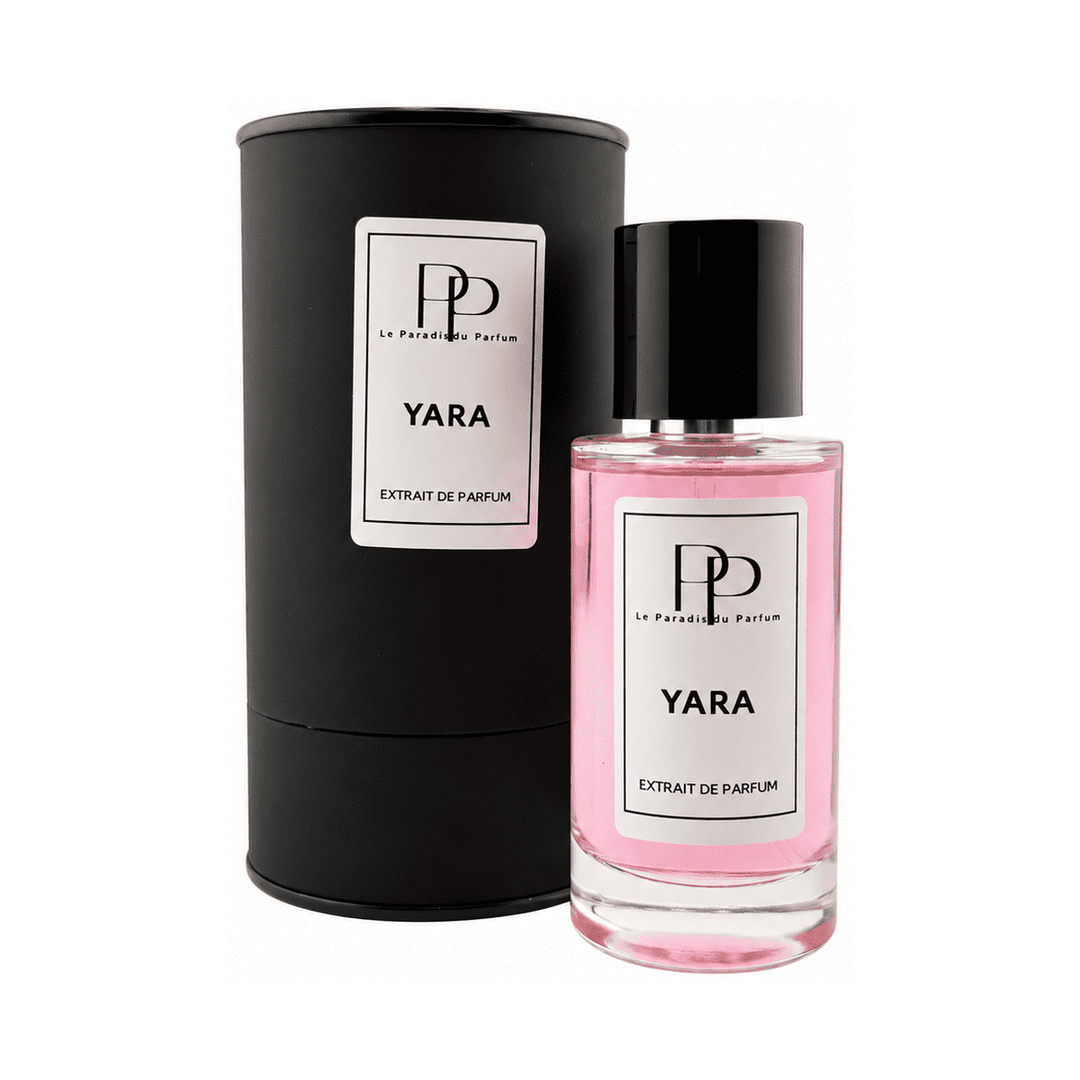 Extrait de parfum Yara 50 ml — flacon complet et étui sur fond blanc